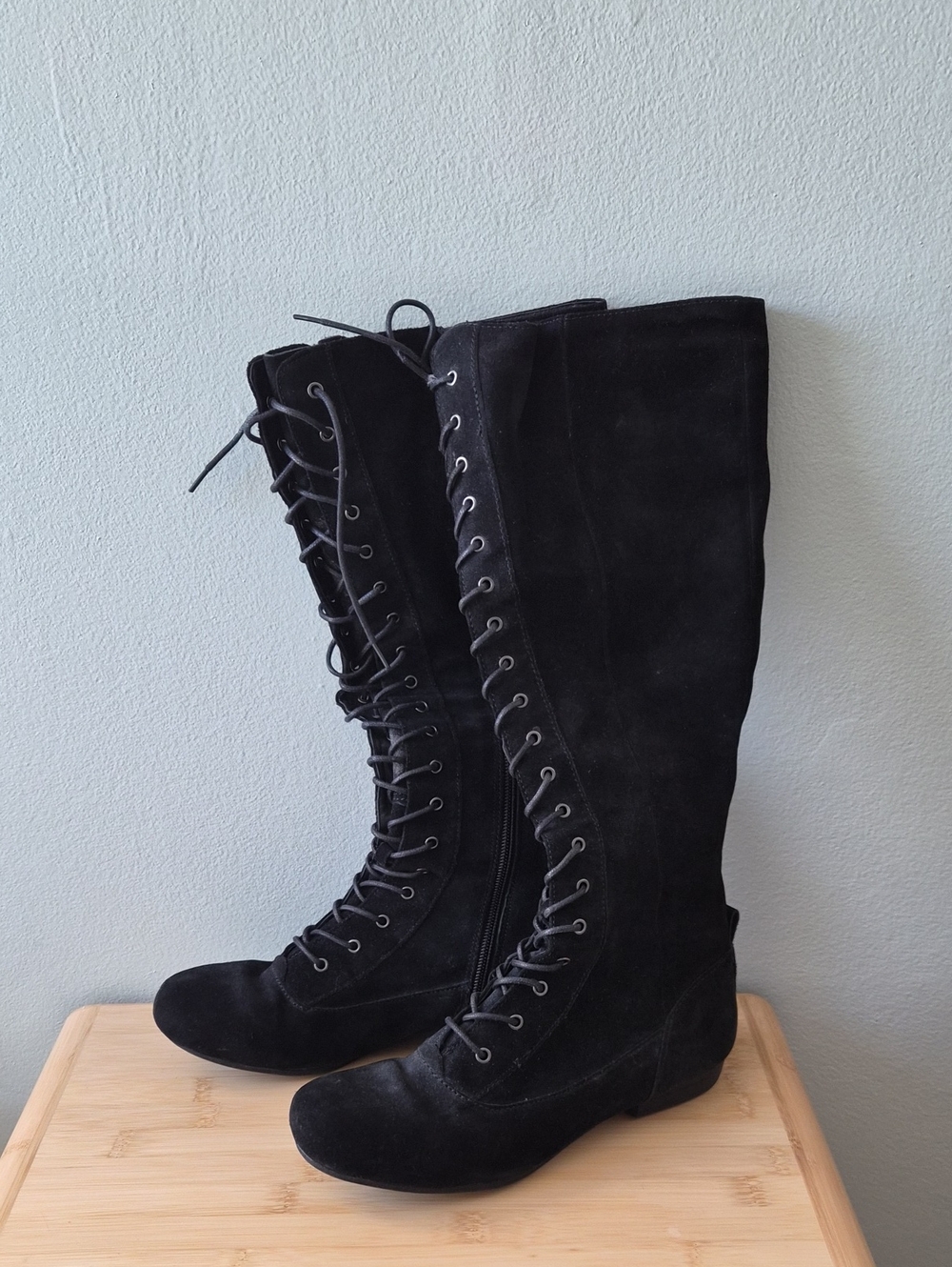 Black Lace-Up Suede Knee High Women's Boots